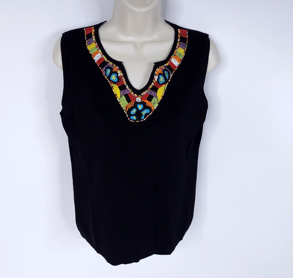 VTG Joseph A. Womens Shirt Top XL Black Multicolor Beaded V Neck Stretch Knit
